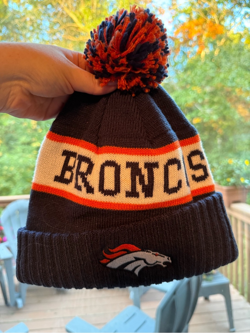 Denver Broncos Navy Pom Beanie Hat